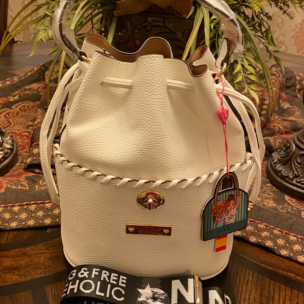 Nicole Lee White Crossbody Bucket Bag with Drawstring Closure